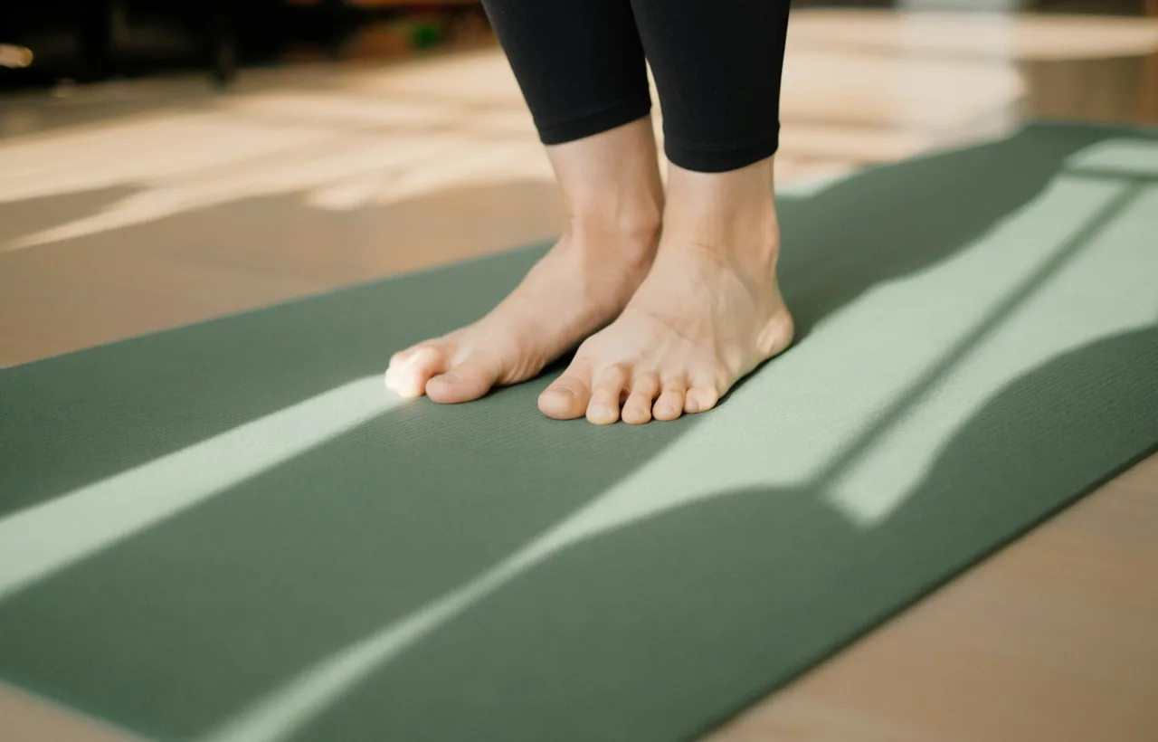 Bare feet standing on a yoga mat, ready to start a first home workout