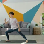 Woman doing a side lunge on a yoga mat in a living room