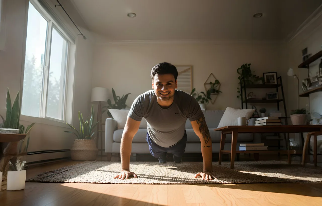 Man doing push-ups on the floor of a sunlit living room