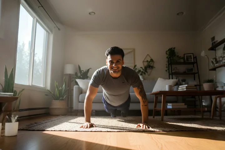 Man doing push-ups on the floor of a sunlit living room